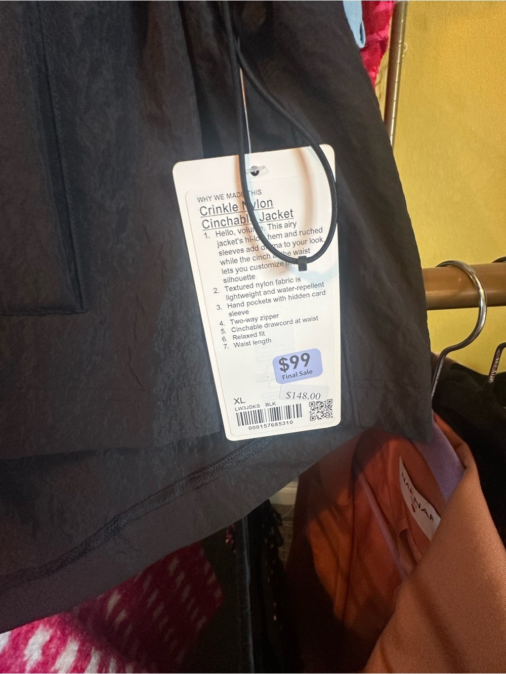 Lululemon Crinkle Nylon Cinchable Jacket XL Black Lightweight Windbreaker NWT - Picture 3 of 3